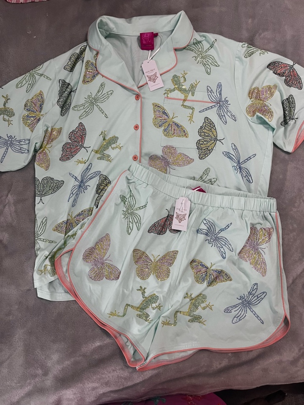 QUEEN OF SPARKLES Mint Green Butterfly & Dragonfly Short Pajama Set